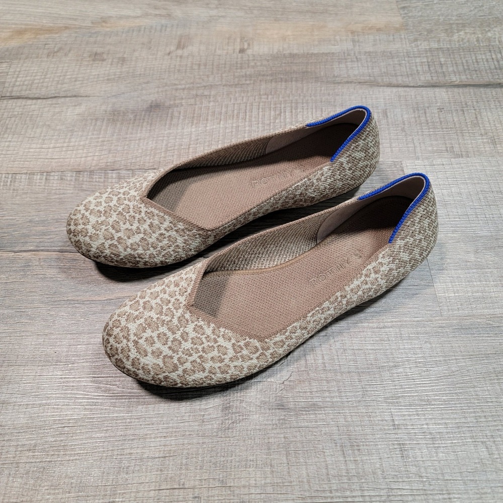 Rothys The Flat Fawn Spotted Leopard Print Knit Shoes Womens 9 Tan Brown Ballet